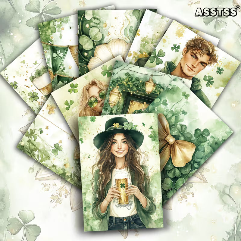 St Patrick’s Day Retro Illustration Cards – Set of 20 Vintage Pin-Up Style Paper Cards Scrapbook Paper