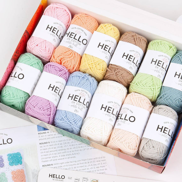 Hello 100% Cotton Gift Box Pack of 12 Balls Light DK Weight: Pastels Yarn