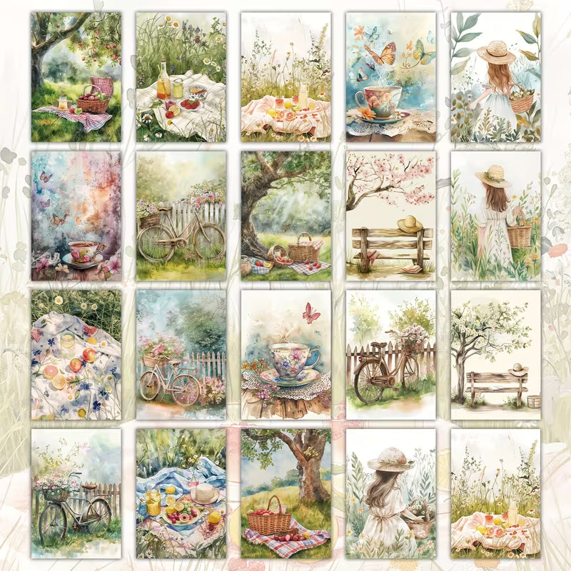 Picnic Afternoon Tea Illustration Cards – Set of 20 Vintage Pin-Up Style Cards Scrapbook Paper