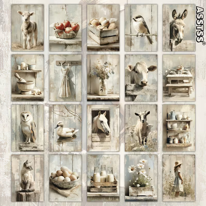 Vintage Farm Animal Illustration Cards – Set of 20 Pin-Up Style Paper Cards Scrapbook Paper