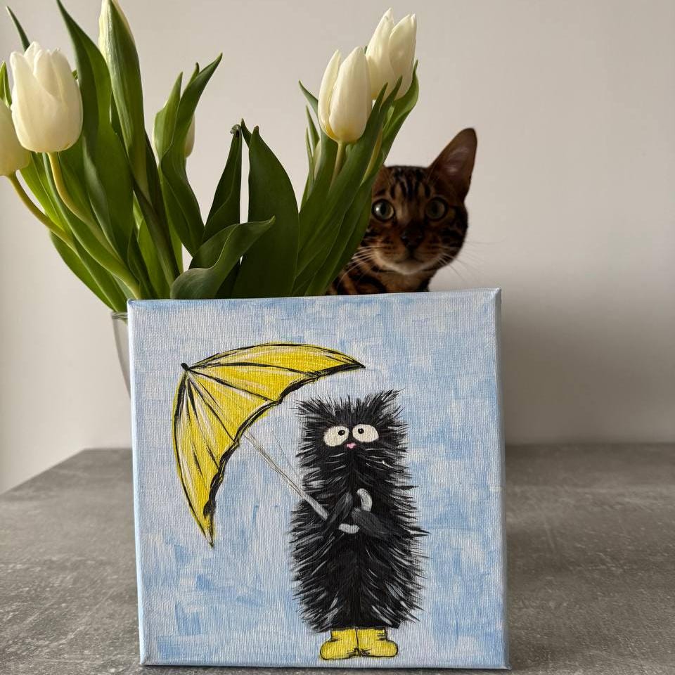 Handmade, cat with an umbrella, cat painting, original painting, painted with acrylic paints, for cat lovers