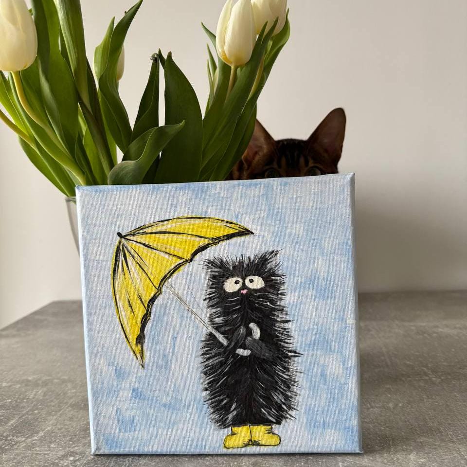 Handmade, cat with an umbrella, cat painting, original painting, painted with acrylic paints, for cat lovers