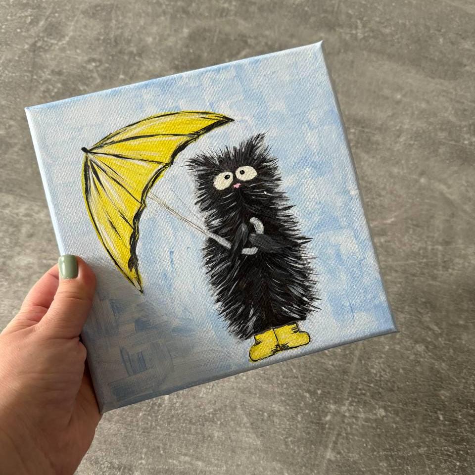 Handmade, cat with an umbrella, cat painting, original painting, painted with acrylic paints, for cat lovers