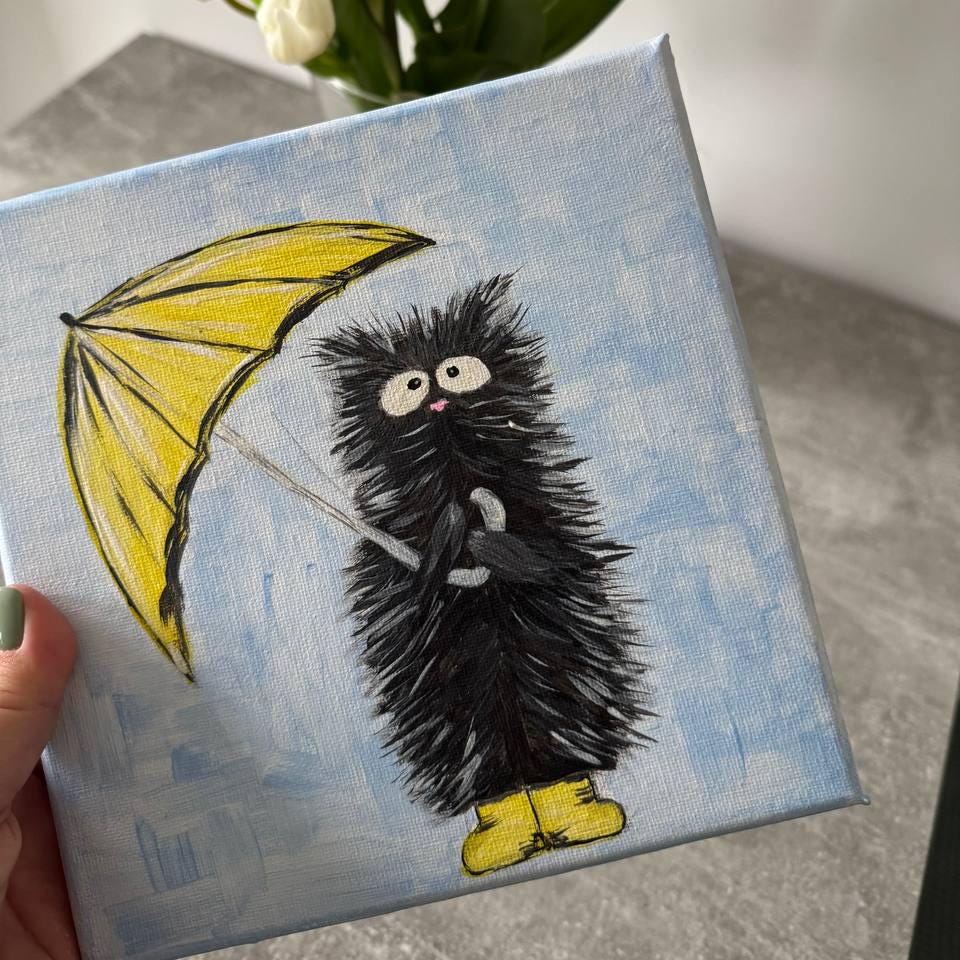Handmade, cat with an umbrella, cat painting, original painting, painted with acrylic paints, for cat lovers