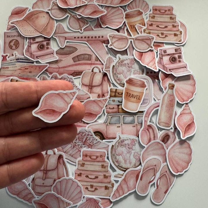 Travel Die Cuts Set–60 Pieces Paper Ephemera |Vacation Scrapbooking Supplies |Pink Travel Theme |Non-Adhesive Photo Cardstock (Not Stickers)