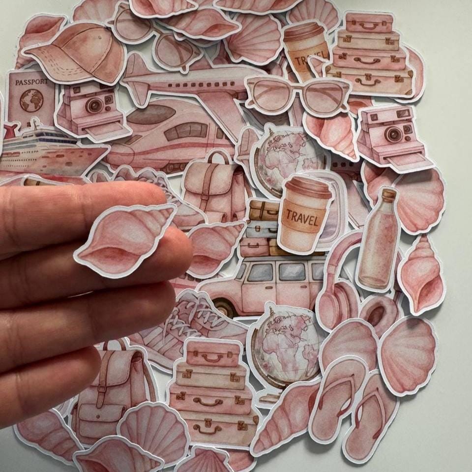 Travel Die Cuts Set–60 Pieces Paper Ephemera |Vacation Scrapbooking Supplies |Pink Travel Theme |Non-Adhesive Photo Cardstock (Not Stickers)