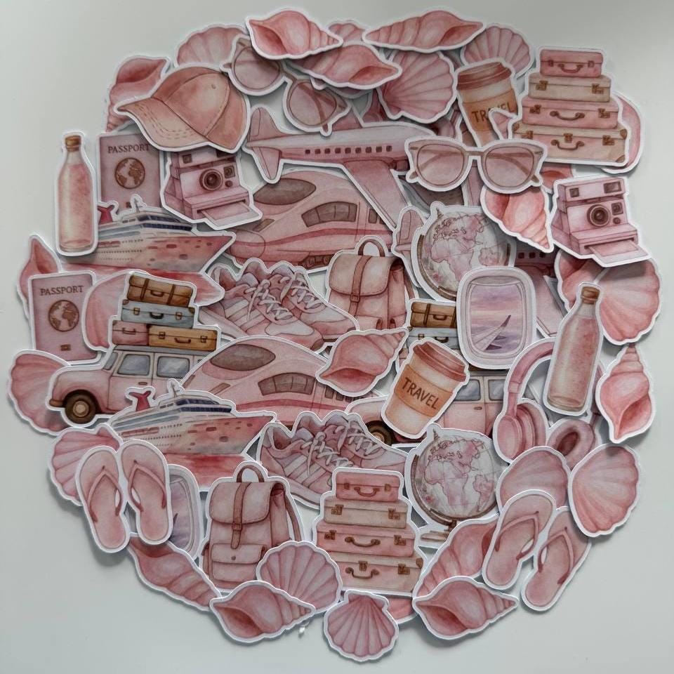 Travel Die Cuts Set–60 Pieces Paper Ephemera |Vacation Scrapbooking Supplies |Pink Travel Theme |Non-Adhesive Photo Cardstock (Not Stickers)