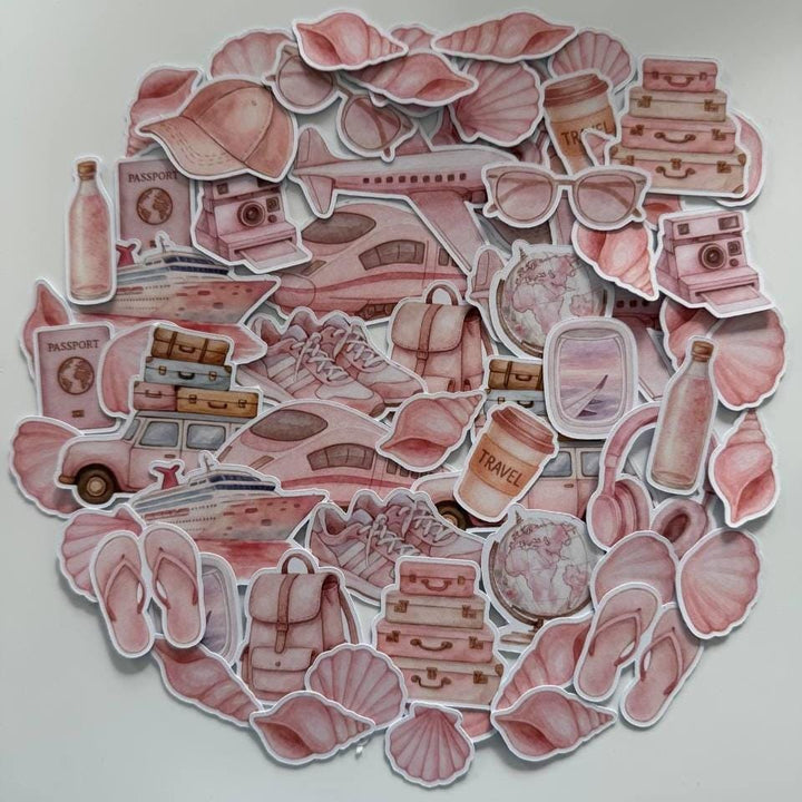 Travel Die Cuts Set–60 Pieces Paper Ephemera |Vacation Scrapbooking Supplies |Pink Travel Theme |Non-Adhesive Photo Cardstock (Not Stickers)