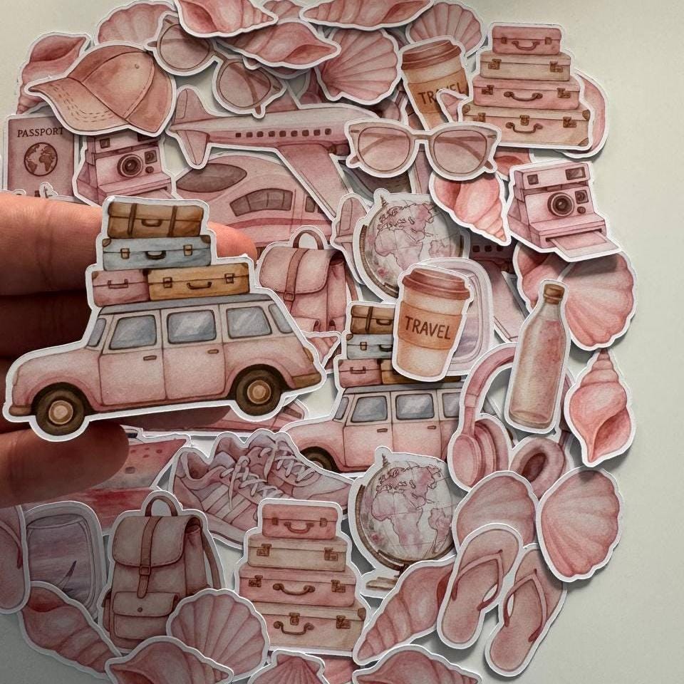 Travel Die Cuts Set–60 Pieces Paper Ephemera |Vacation Scrapbooking Supplies |Pink Travel Theme |Non-Adhesive Photo Cardstock (Not Stickers)
