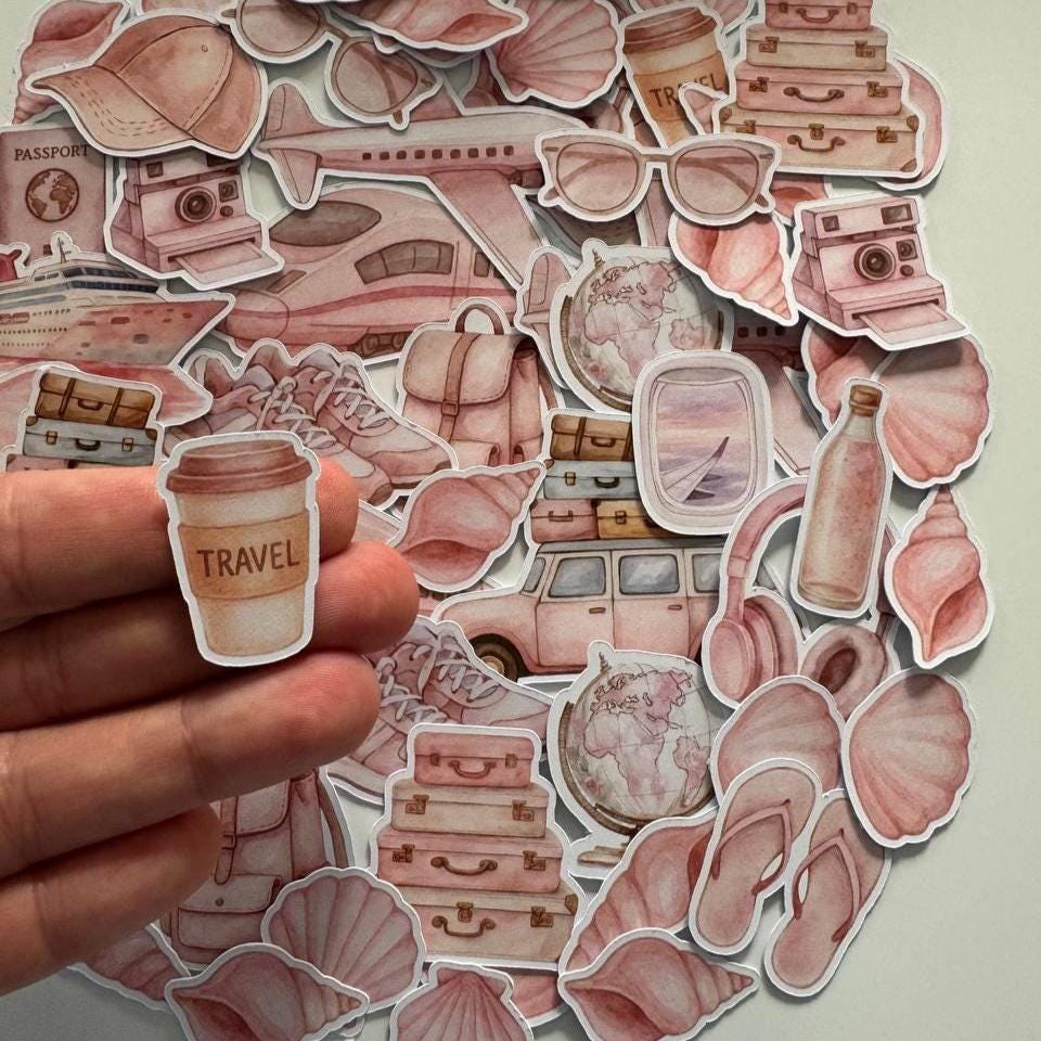 Travel Die Cuts Set–60 Pieces Paper Ephemera |Vacation Scrapbooking Supplies |Pink Travel Theme |Non-Adhesive Photo Cardstock (Not Stickers)