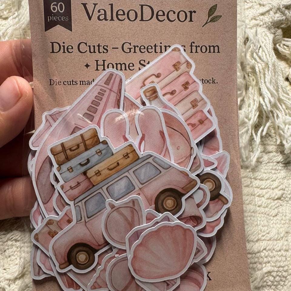 Travel Die Cuts Set–60 Pieces Paper Ephemera |Vacation Scrapbooking Supplies |Pink Travel Theme |Non-Adhesive Photo Cardstock (Not Stickers)