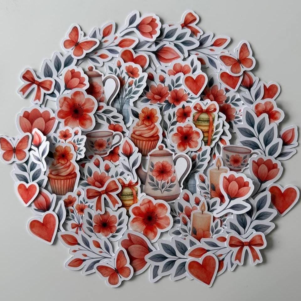 Floral Die Cuts Set – 60 Pieces Paper Ephemera | Orange Flower and Leaf Designs | Scrapbooking & Journaling Supplies (Not Stickers)