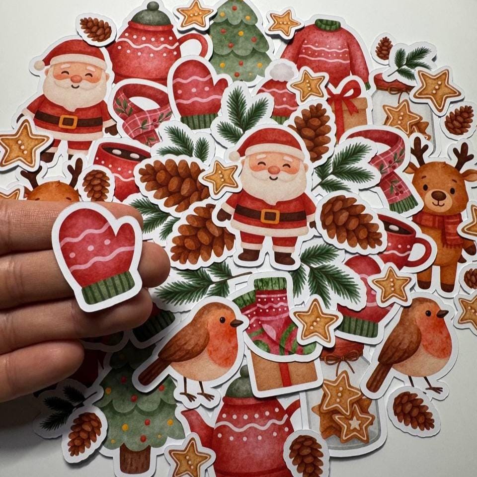 Christmas Die Cuts Set – 60 Pieces | Handmade Festive Paper Ephemera | Non-Sticky Cutouts for Scrapbooking, Cardmaking, Journals
