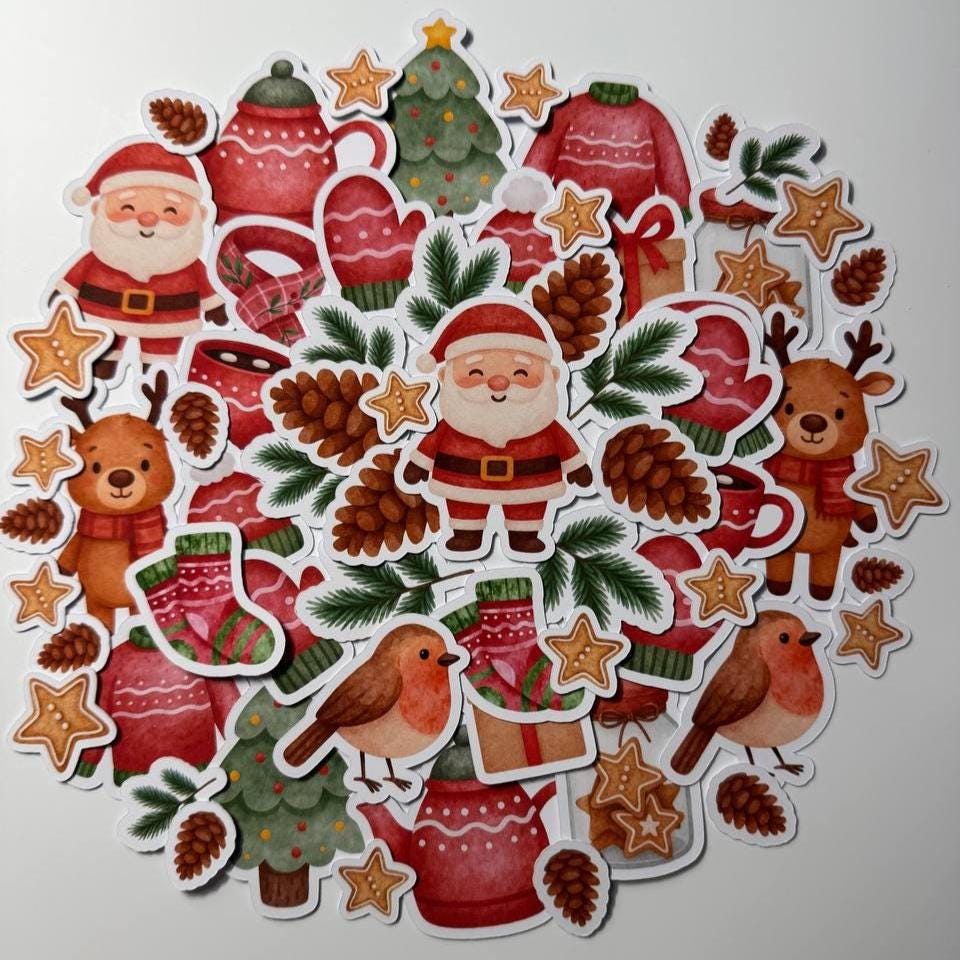 Christmas Die Cuts Set – 60 Pieces | Handmade Festive Paper Ephemera | Non-Sticky Cutouts for Scrapbooking, Cardmaking, Journals