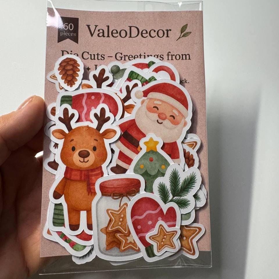Christmas Die Cuts Set – 60 Pieces | Handmade Festive Paper Ephemera | Non-Sticky Cutouts for Scrapbooking, Cardmaking, Journals
