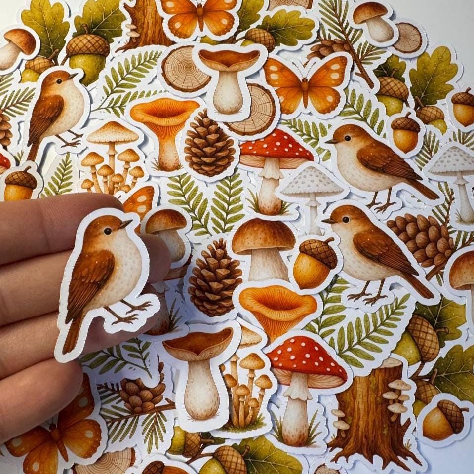 Woodland Mushrooms & Birds Die Cuts Set – 60 Pieces | Handmade Forest Paper Cutouts by ValeoDecor(Not Stickers)