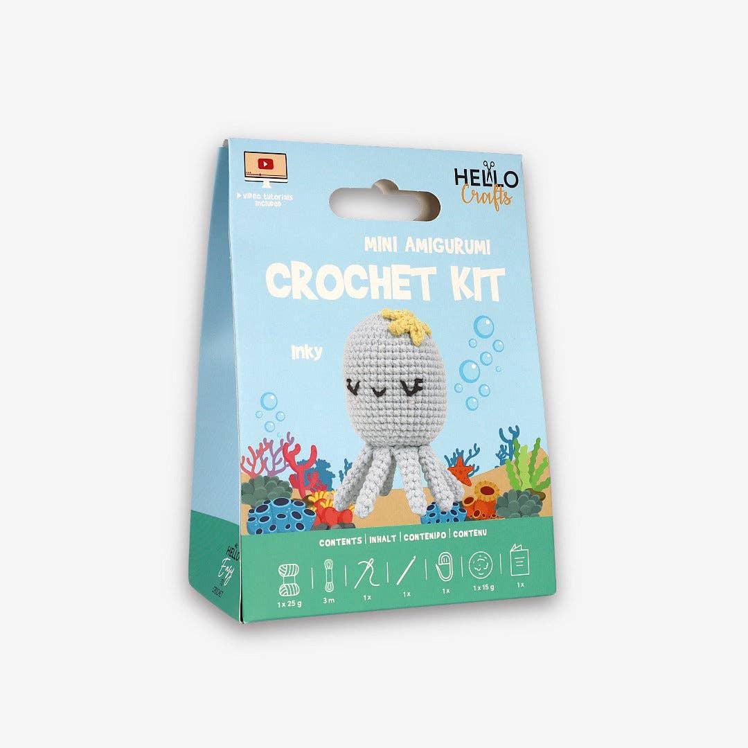 Knitty Critters - Mini Amigurumi - Inky | DIY Crochet Kit - Crochet Kits For Beginners - Soft Cotton/Acrylic Blend Yarn