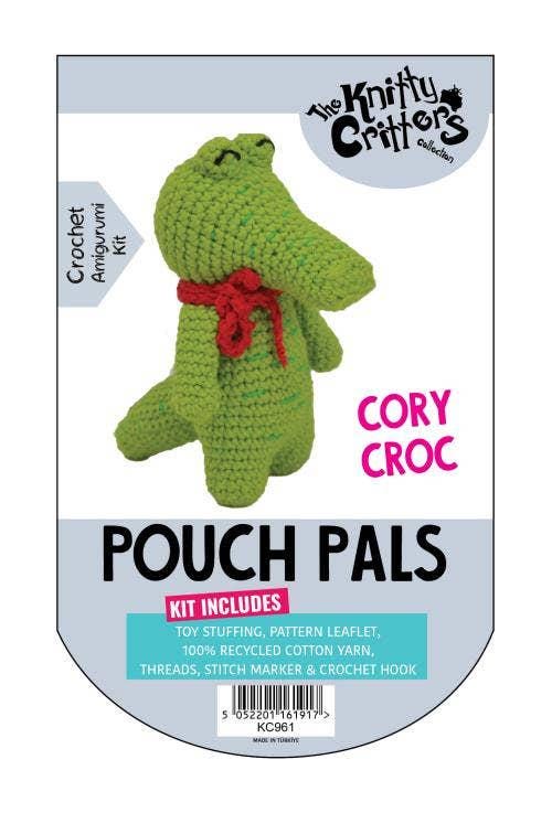 Knitty Critters - Pouch Pals - Cory Croc, Kit - Amigurumi Kit - Crochet Kit For Beginners - 100% Recycled Cotton Yarn