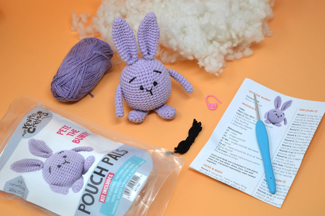 Knitty Critters - Pouch Pals - Pete The Bunny Crochet Kit - Amigurumi Pouch Pal Kit - Crochet Supplies For Beginners