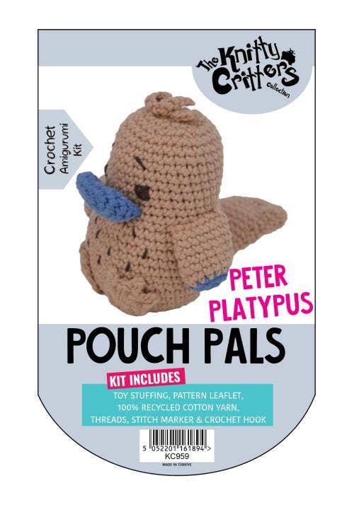 Knitty Critters - Pouch Pals - Peter Platypus, Kit - Amigurumi Kit - Crochet Kit For Beginners - Recycled Cotton Yarn