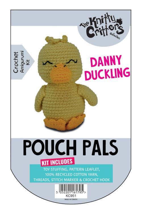 Knitty Critters - Pouch Pals - Danny Duckling, Kit - Amigurumi Kit - Crochet Kit - Recycled Cotton Yarn - Toy Stuffing - Crochet Accessories