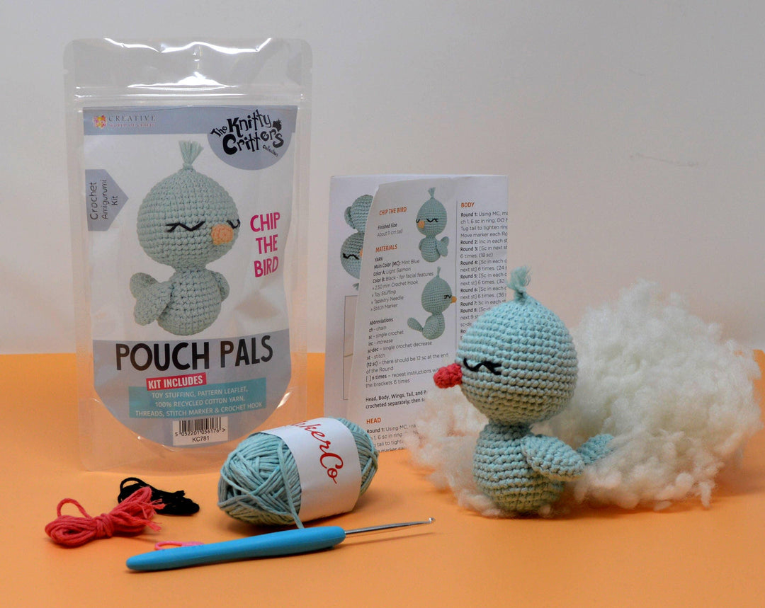Knitty Critters - Pouch Pals - Chip The Bird Crochet Kit - Amigurumi Pouch Pal Kit - 100% Recycled Cotton Yarn
