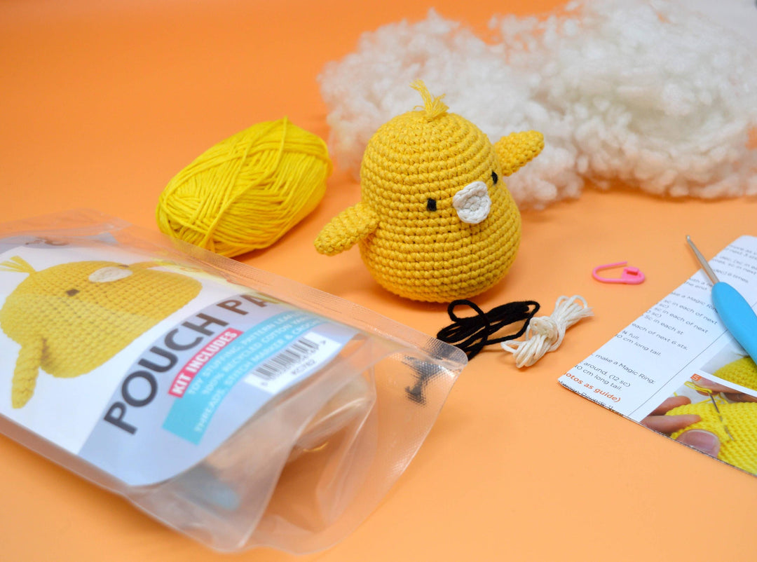 Knitty Critters - Pouch Pals - Colin The Chick Crochet Kit - Amigurumi Pouch Pal Kit - Crochet Kit For Beginners - 100% Recycled Cotton Yarn