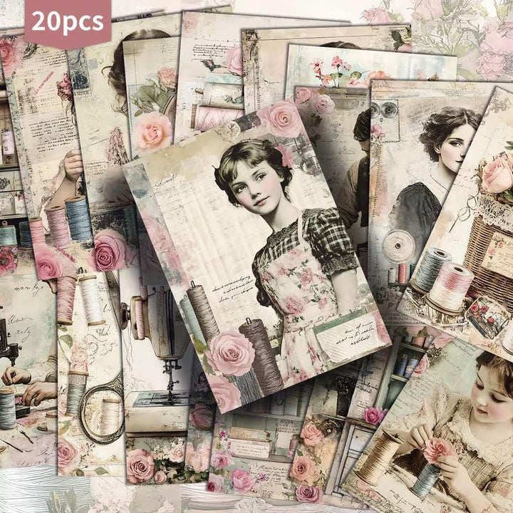 Victorian Sewing Illustration Cards – Set of 20 Vintage Pin-Up Style Paper Cards Scrapbook Paper