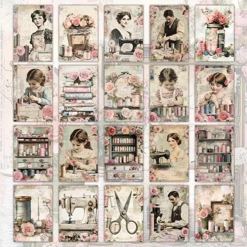 Victorian Sewing Illustration Cards – Set of 20 Vintage Pin-Up Style Paper Cards Scrapbook Paper