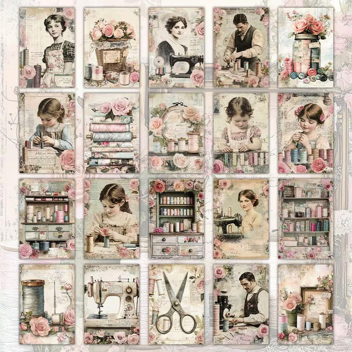 Victorian Sewing Illustration Cards – Set of 20 Vintage Pin-Up Style Paper Cards Scrapbook Paper