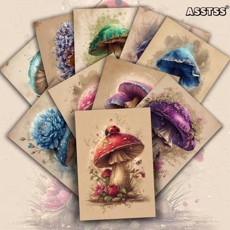 Retro Fantasy Mushroom Illustration Cards – Set of 20 Vintage Pin-Up Style Paper Cards Scrapbook Paper