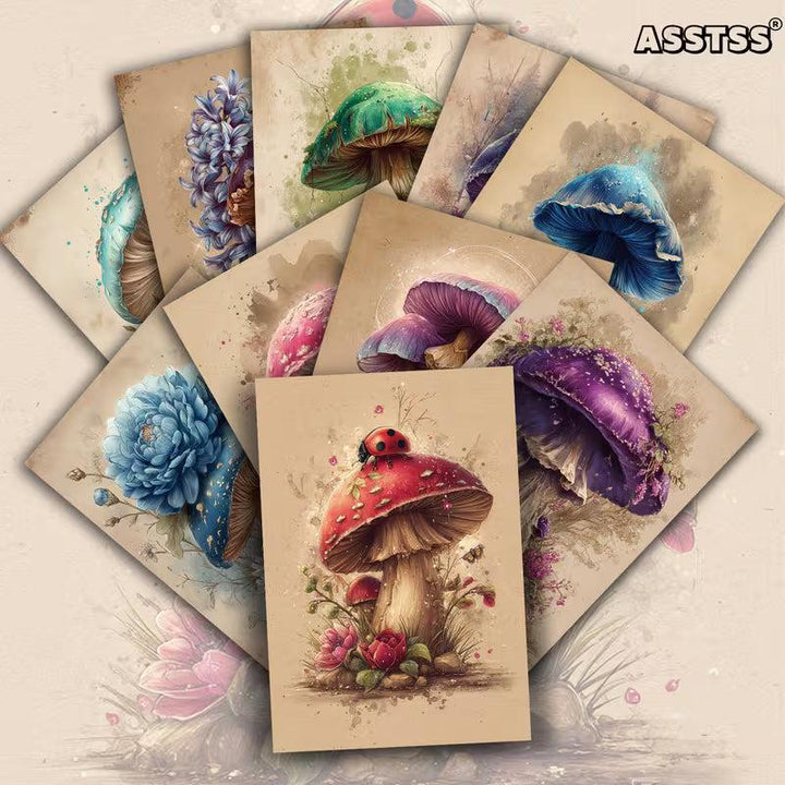 Retro Fantasy Mushroom Illustration Cards – Set of 20 Vintage Pin-Up Style Paper Cards Scrapbook Paper