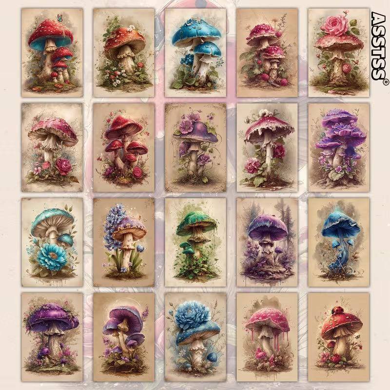 Retro Fantasy Mushroom Illustration Cards – Set of 20 Vintage Pin-Up Style Paper Cards Scrapbook Paper