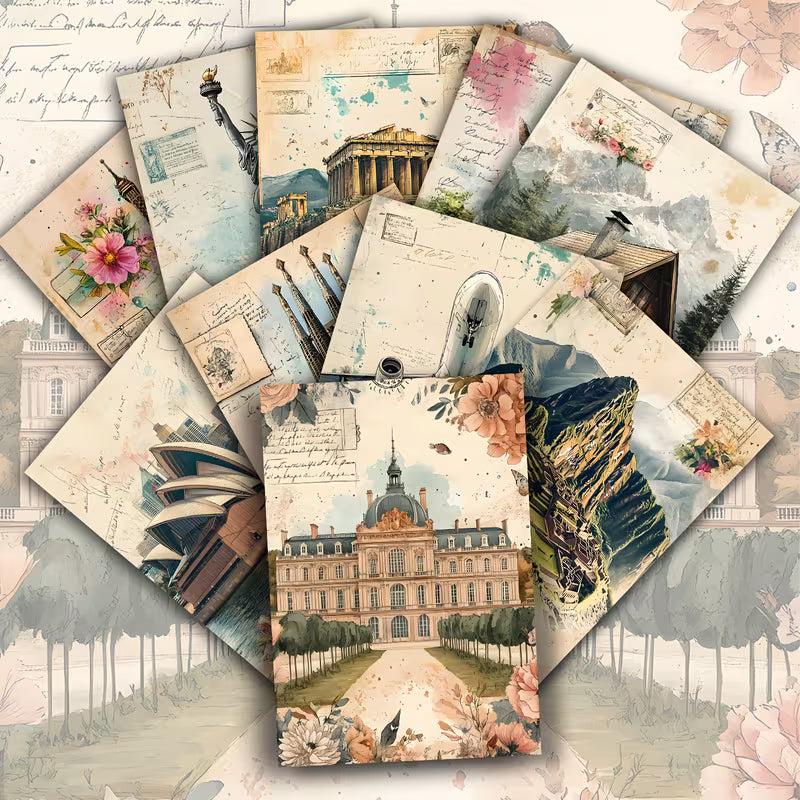 Vintage Travel Illustration Cards – Set of 20 Retro Pin-Up & Landmark Paper Cards Scrapbook Paper