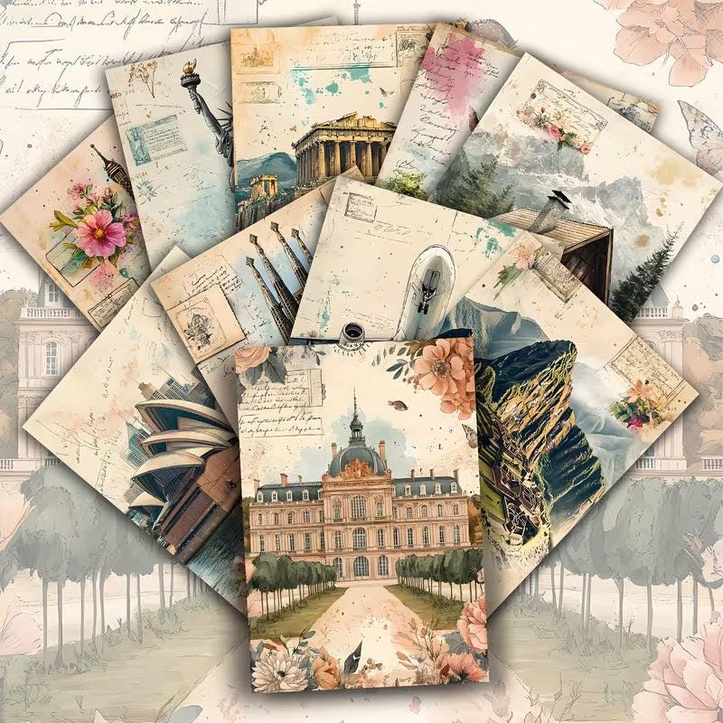 Vintage Travel Illustration Cards – Set of 20 Retro Pin-Up & Landmark Paper Cards Scrapbook Paper