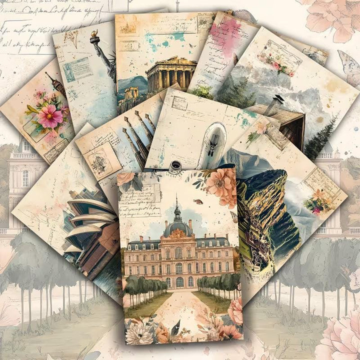 Vintage Travel Illustration Cards – Set of 20 Retro Pin-Up & Landmark Paper Cards Scrapbook Paper