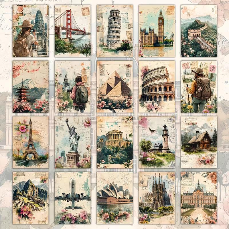 Vintage Travel Illustration Cards – Set of 20 Retro Pin-Up & Landmark Paper Cards Scrapbook Paper