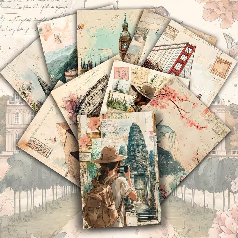 Vintage Travel Illustration Cards – Set of 20 Retro Pin-Up & Landmark Paper Cards Scrapbook Paper