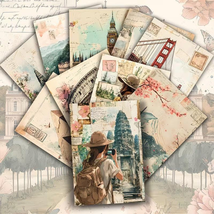 Vintage Travel Illustration Cards – Set of 20 Retro Pin-Up & Landmark Paper Cards Scrapbook Paper