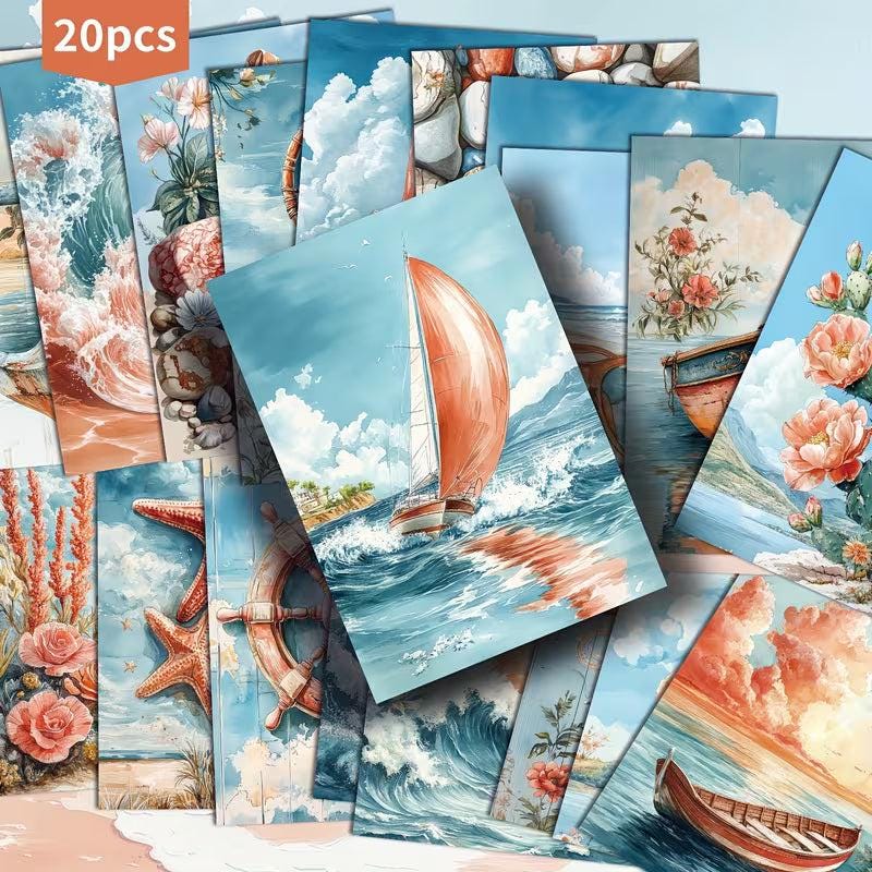 Vintage Jellyfish & Sailing Ship Illustration Cards – Set of 20 Pin-Up Style Paper Cards Scrapbook Paper