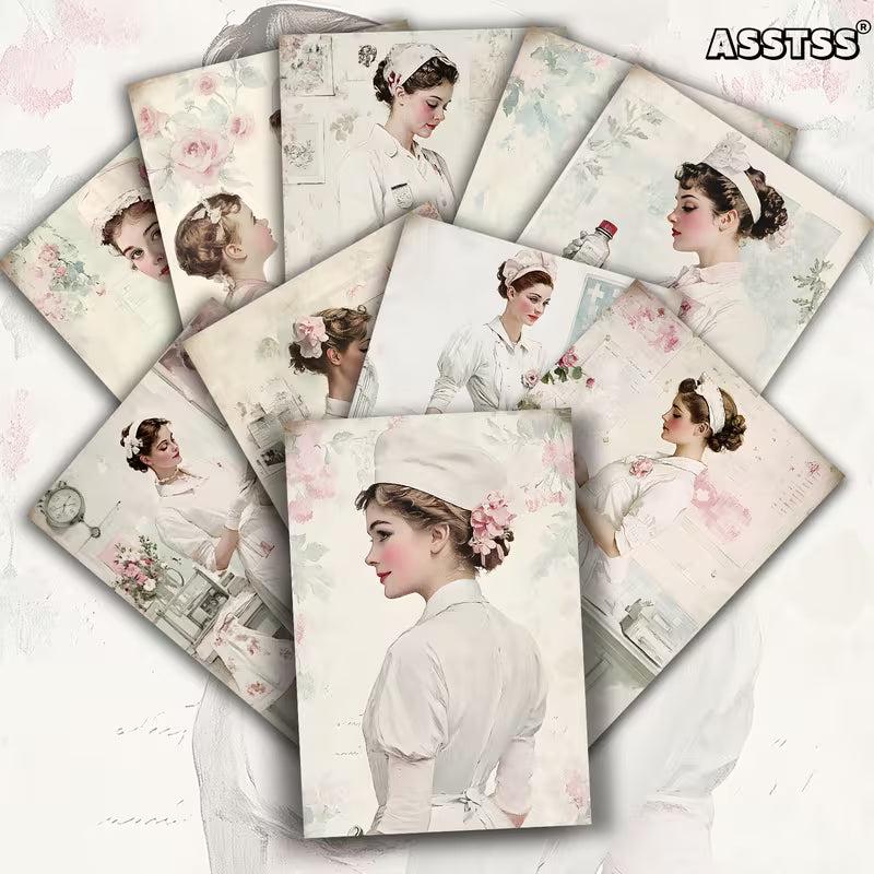 Retro Nurse Portrait Illustration Cards – Set of 20 Vintage Pin-Up Style Paper Cards Scrapbook Paper