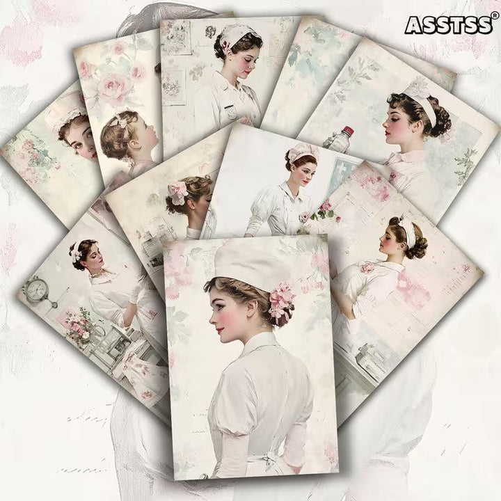 Retro Nurse Portrait Illustration Cards – Set of 20 Vintage Pin-Up Style Paper Cards Scrapbook Paper