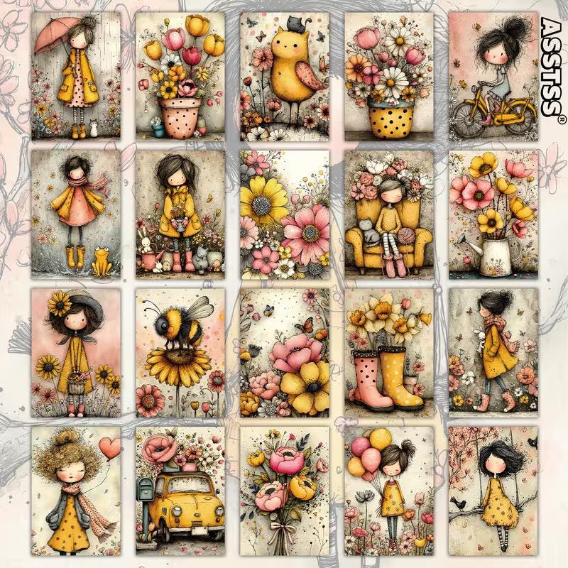 Retro Pin-Up & Floral Illustration Cards – Set of 20 Vintage Cards Scrapbook Paper
