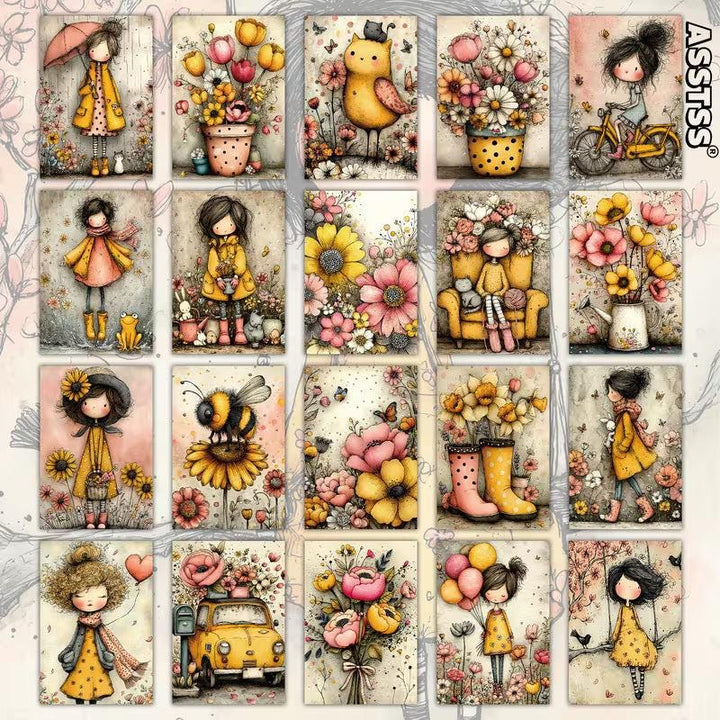 Retro Pin-Up & Floral Illustration Cards – Set of 20 Vintage Cards Scrapbook Paper
