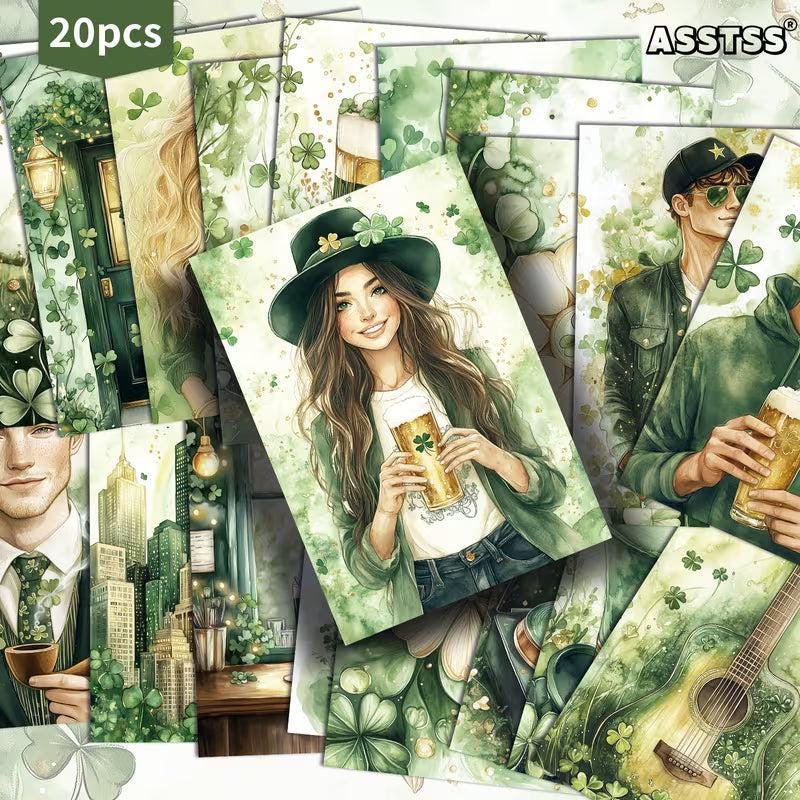 St Patrick's Day Retro Illustration Cards – Set of 20 Vintage Pin-Up Style Paper Cards Scrapbook Paper