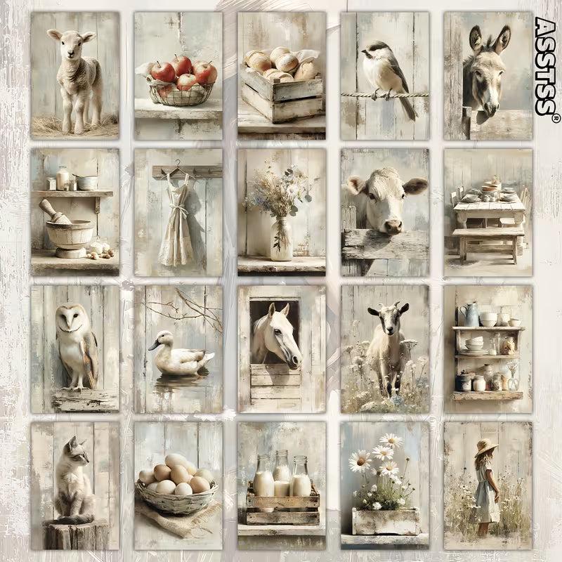 Vintage Farm Animal Illustration Cards – Set of 20 Pin-Up Style Paper Cards Scrapbook Paper