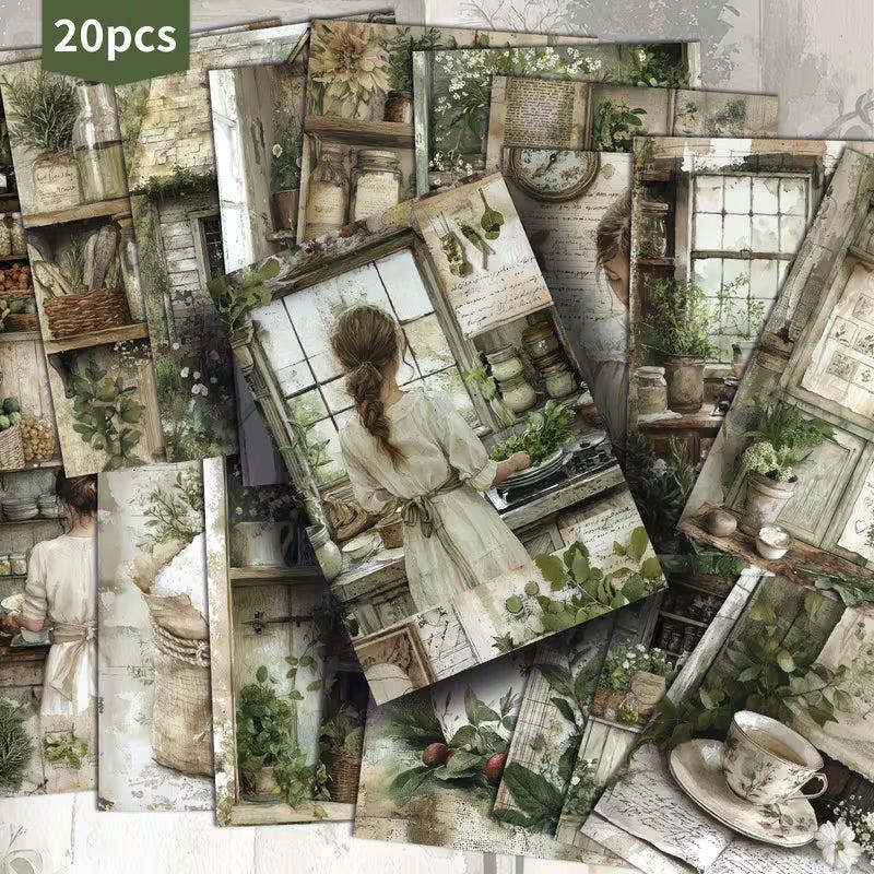 Vintage Kitchen Herb Illustration Cards – Set of 20 Pin-Up Style Paper Cards Scrapbook Paper