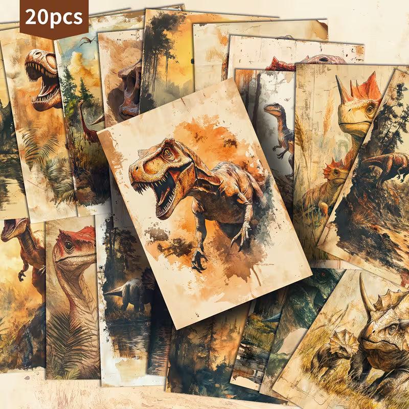 Vintage Dinosaur Illustration Cards – Set of 20 Single-Sided Decorative Cards Scrapbook Paper
