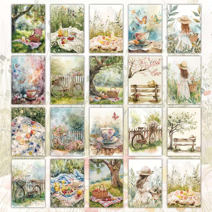 Picnic Afternoon Tea Illustration Cards – Set of 20 Vintage Pin-Up Style Cards Scrapbook Paper