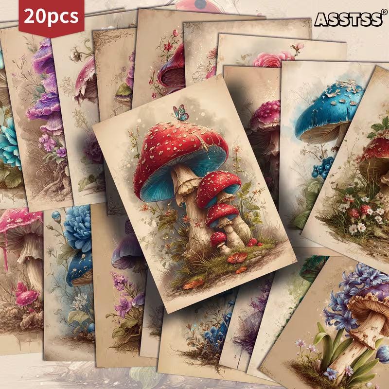 Retro Fantasy Mushroom Illustration Cards – Set of 20 Vintage Pin-Up Style Paper Cards Scrapbook Paper